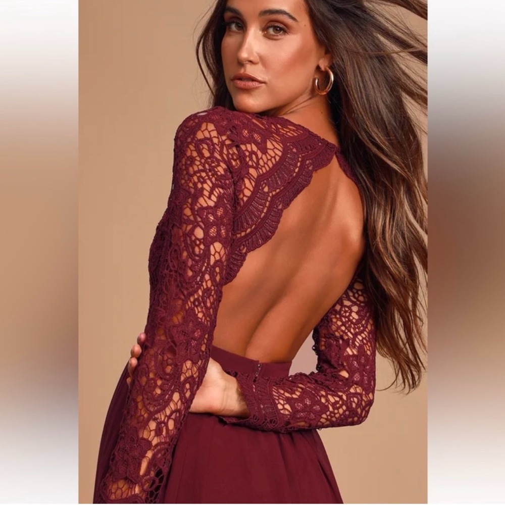 Lulu's Awaken My Love Burgundy Long Sleeve Lace Maxi Dress